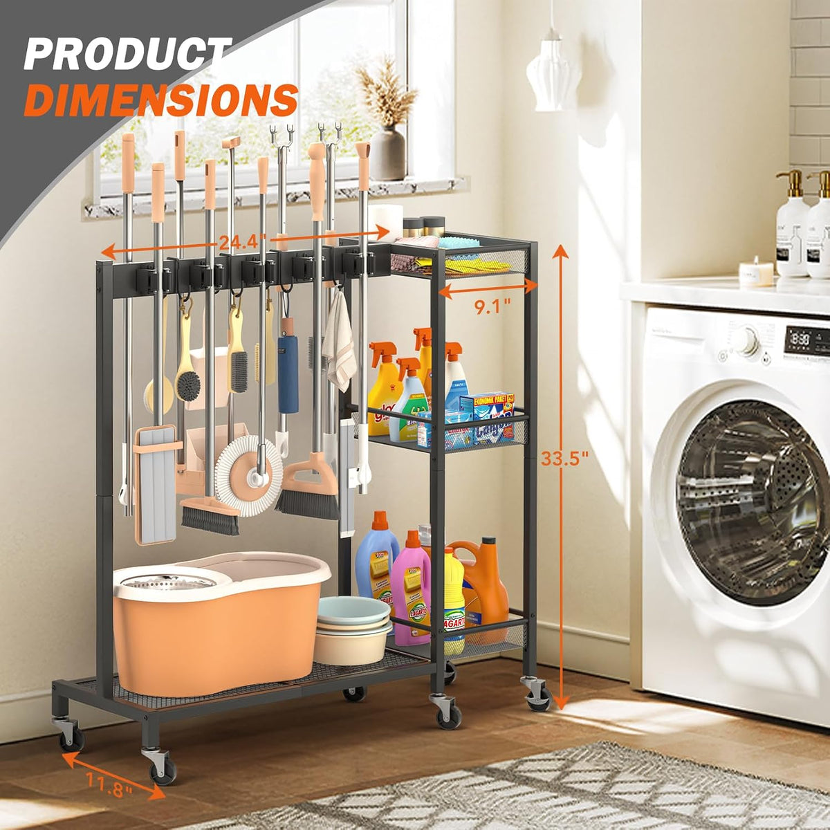 Broom Holder with Cleaning Supplies Organizer – Janitorial Housekeeping cart - Field & Nook