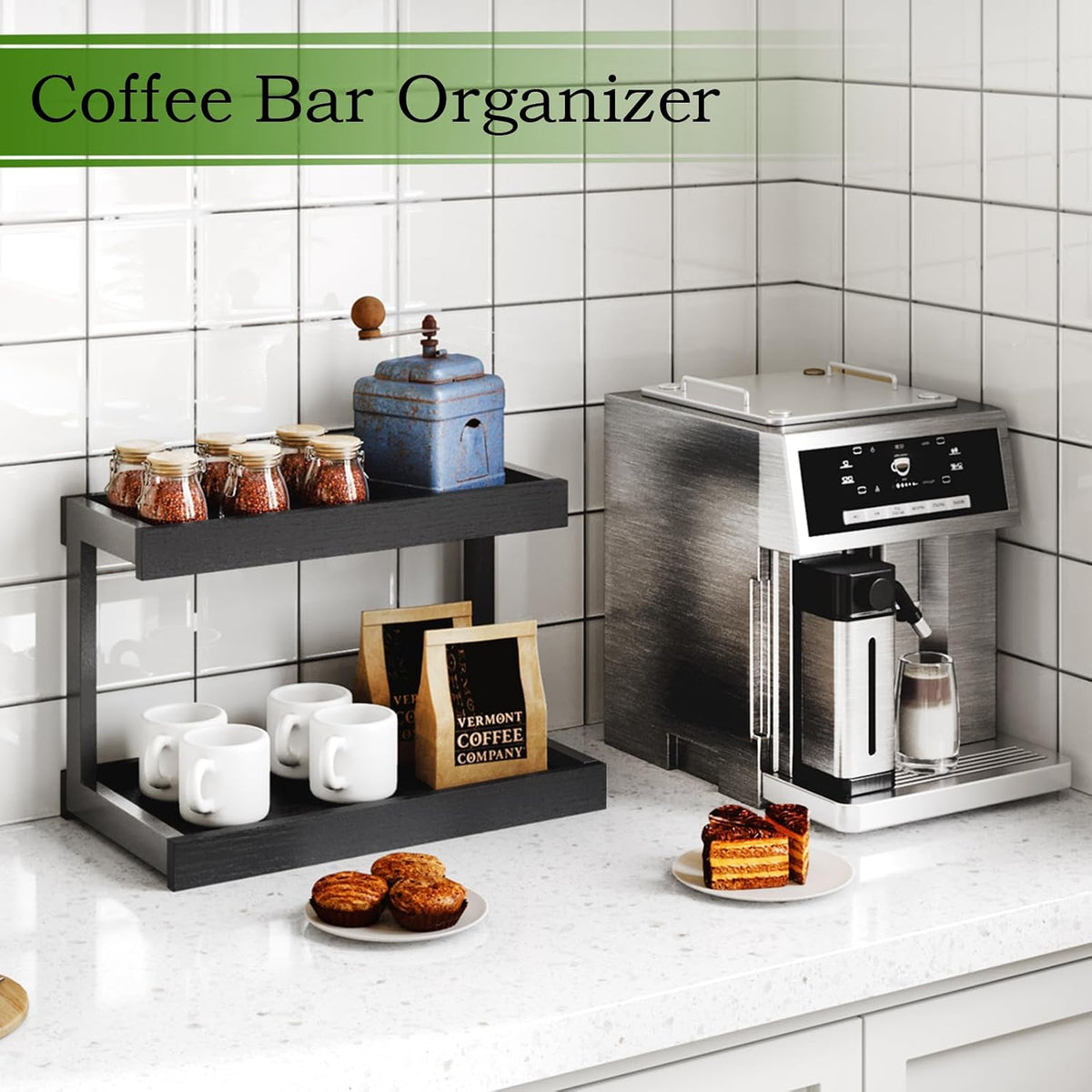 Counter Shelf Organizer – 2-Tier Spice Rack for Countertop – Black - Field & Nook