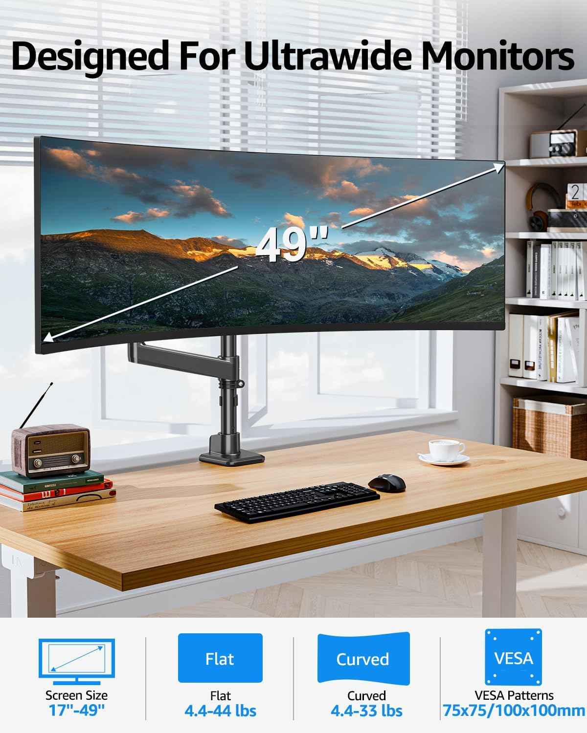 MOUNTUP Heavy Duty Monitor Arm Fits 49 45 42 40 39 34 32 Inch Screens, Ultrawide Monitor Arm Holds 4.4-44 lbs, Monitors Stand for Samsung Odyssey G9 and More, Height Adjustable Mount, VESA Mount