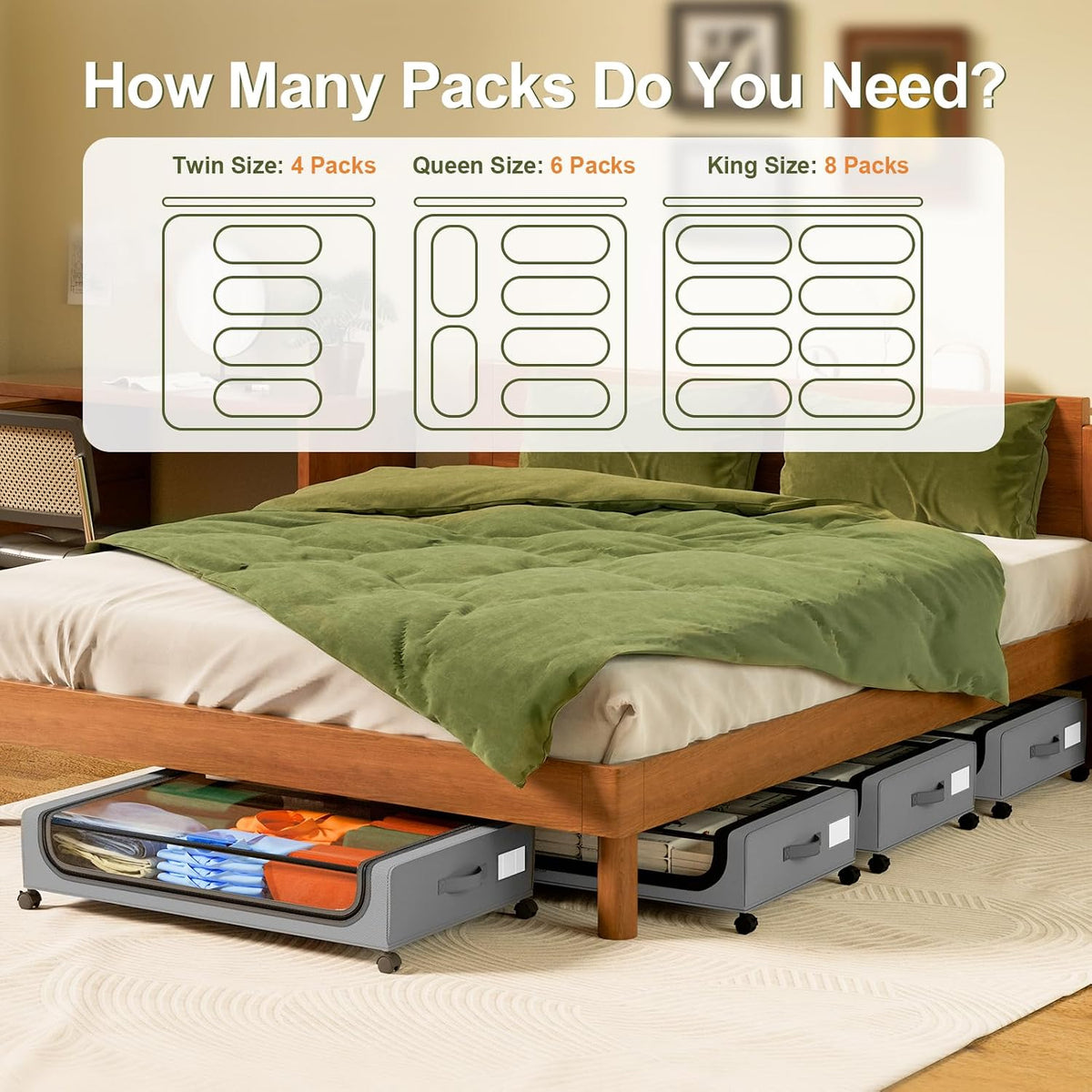GoMaihe Under Bed Storage with Wheels 48L Grey 2-Pack | Rolling Bins for Shoes Clothes in Dorm Bedroom - Metal Drawers Easy Pull-out - Field & Nook