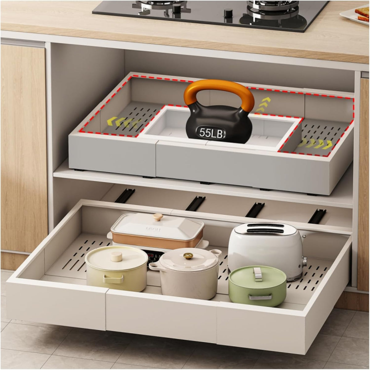 Fokyfok Pull Out Cabinet Organizer,23"-31"W,17"-24"D,Expandable,Adhesive | No Drill,5 Rails,Adjustable Slide out Drawers for Kitchen,Pantry,Roll out Shelves,Cabinets Without Lip,Framless,White,1PC - Field & Nook