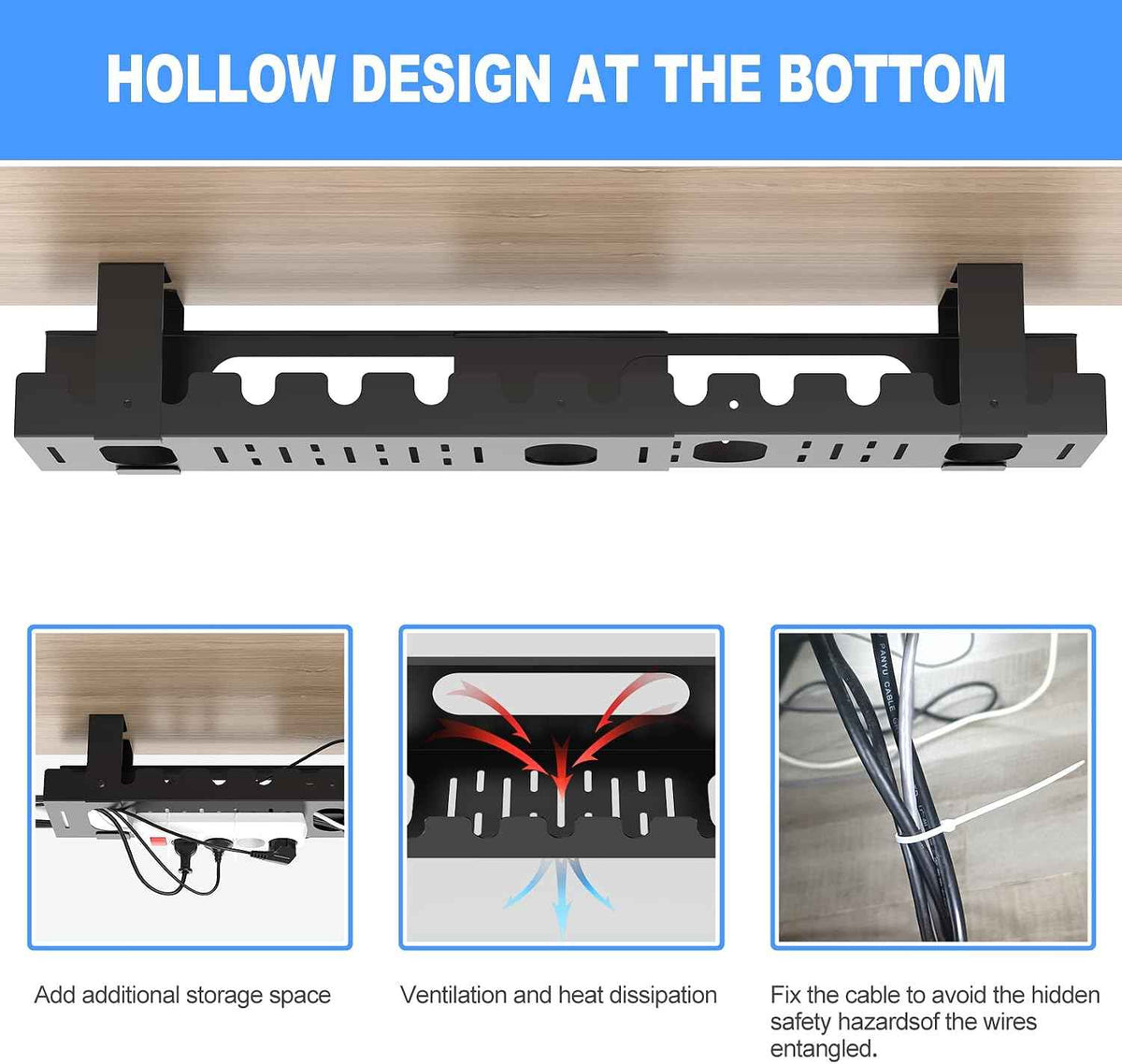 2-Pack Adjustable Under-Desk Cable Trays – Open-Metal Cord and Power-Strip Organizers