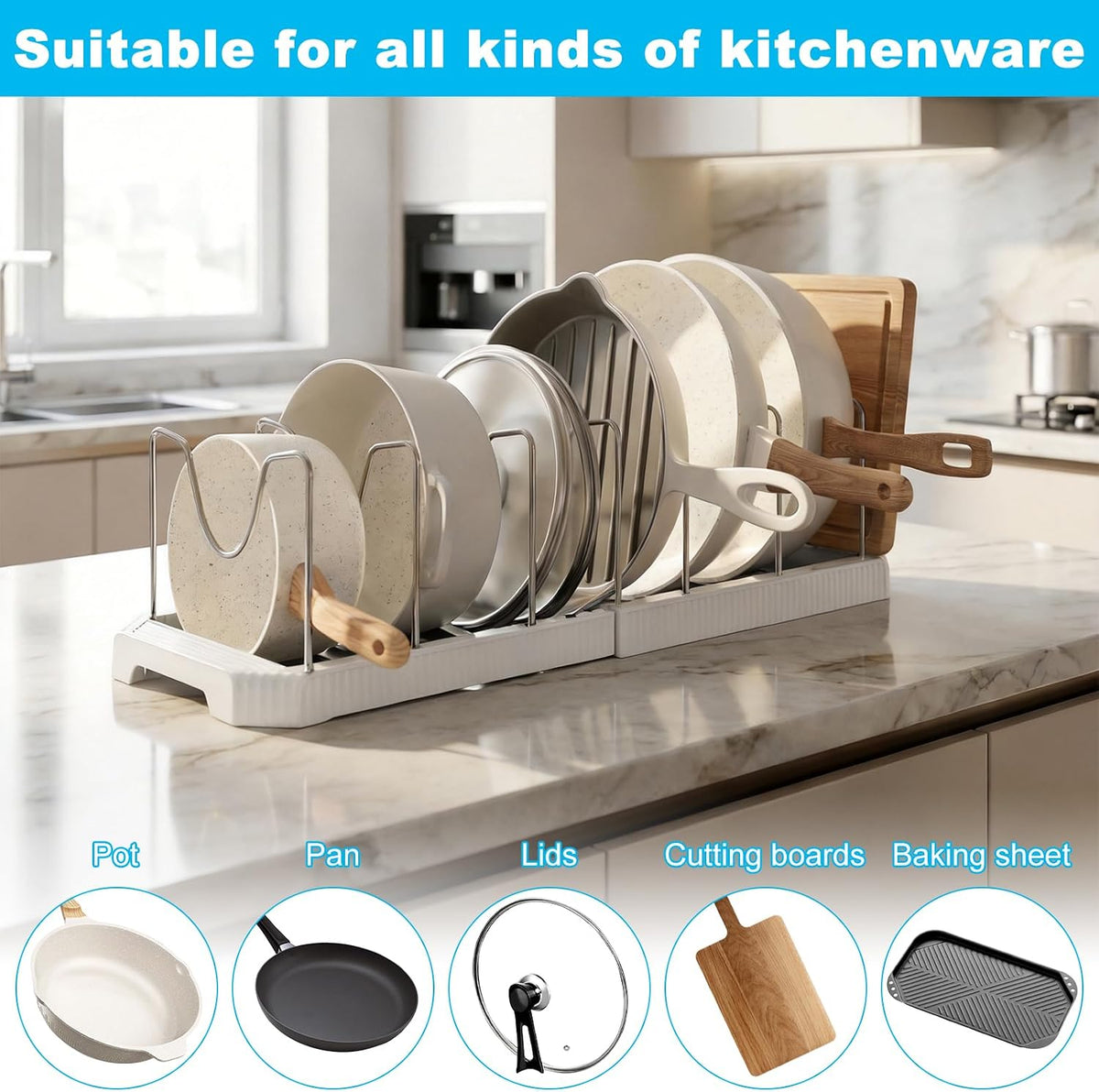 Expandable Pot Lid Organizer, 12.99''-22.05'', White