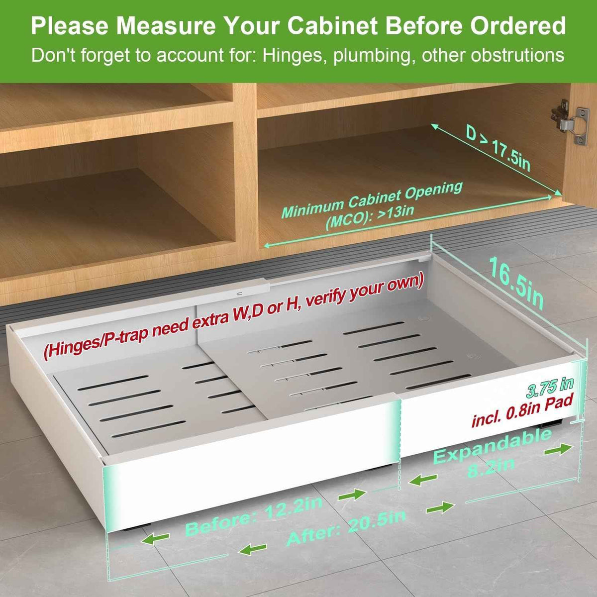 1-Pack Expandable Pull-Out Cabinet Organizer, 16.5" Deep