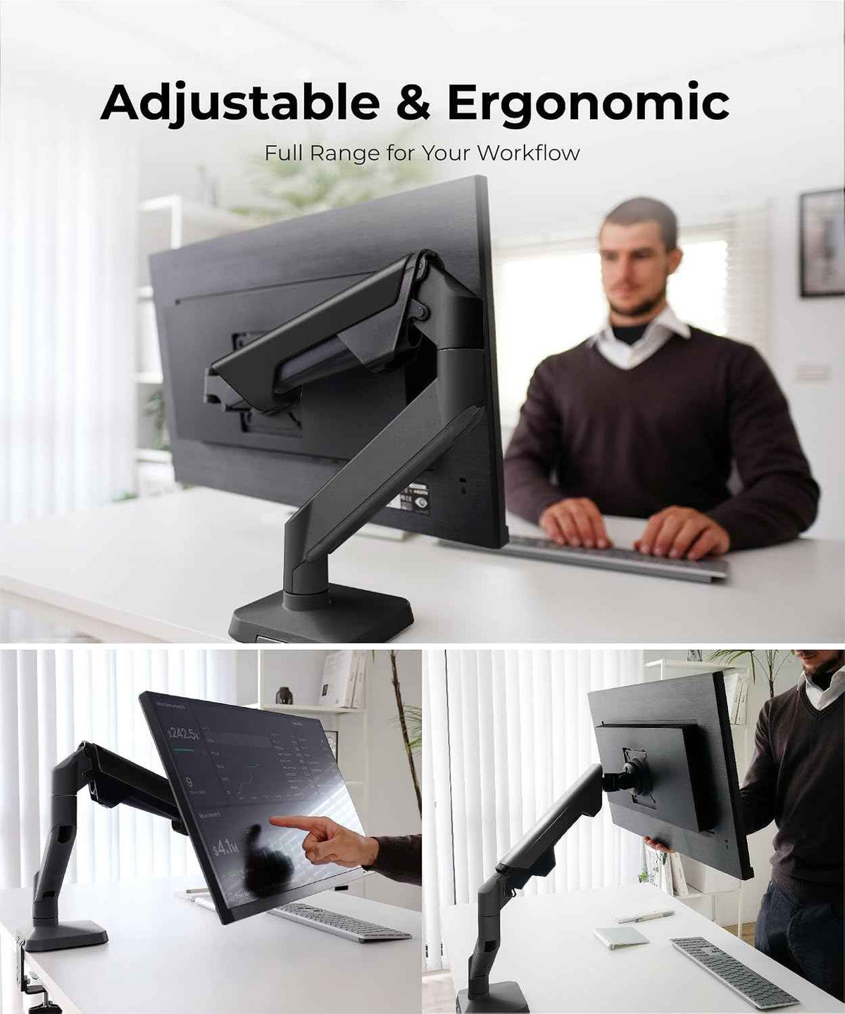 Modernsolid Heavy Duty Monitor Arm Desk Mount for 34-49 Inch Ultrawide Curved Monitors, Supports 14-38 lbs, Gas Spring Ergonomic Full Motion with Cable Management, Red Dot Design Awarded, Black