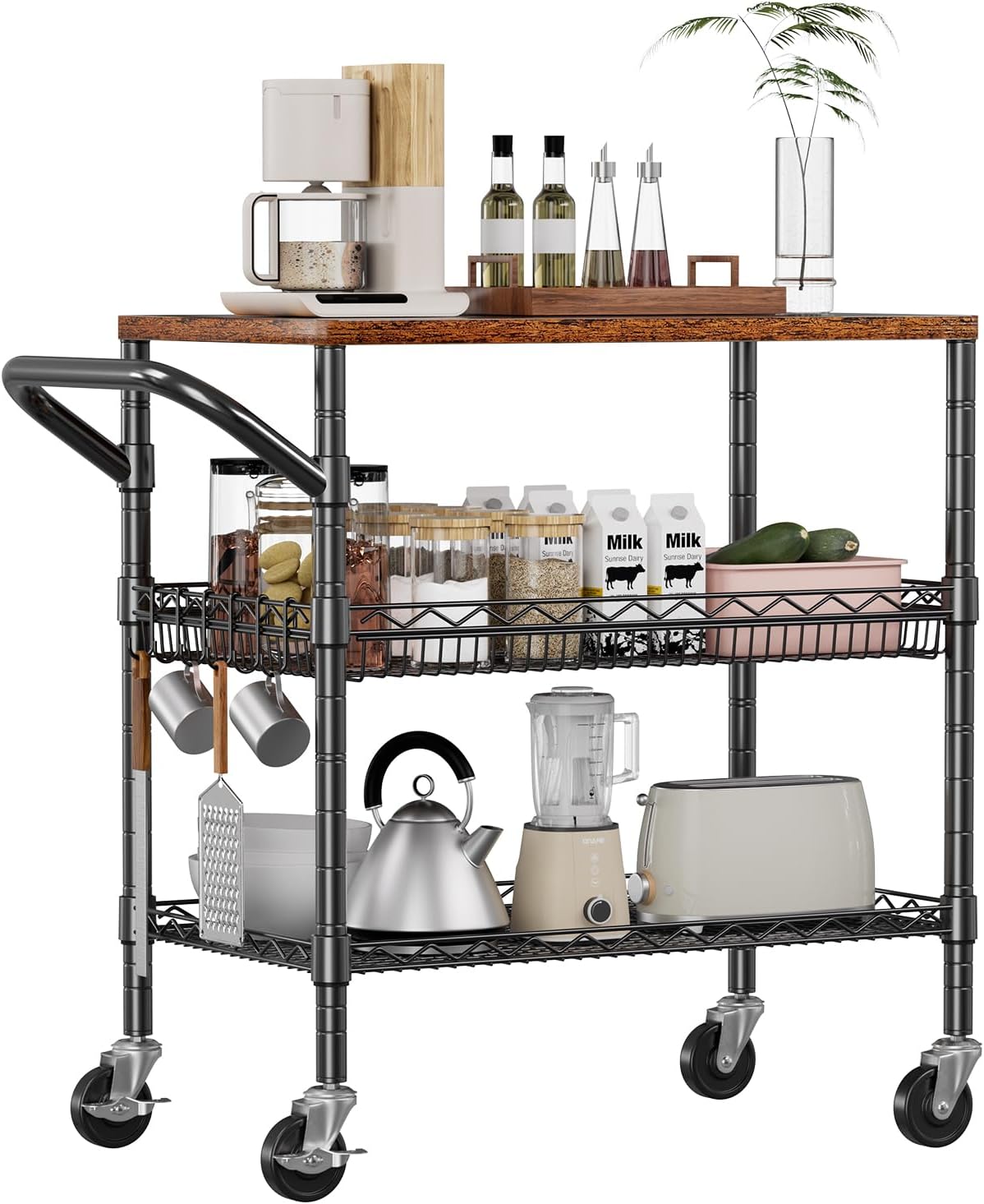 3 Tier Rolling Carts with Wheels, Heavy Duty Rolling Utility Cart with Wood Tabletop, Commercial Grade Metal Cart with Handle and Hooks, NSF Storage Serving Carts for Kitchen Island, Wood+Metal - Field & Nook