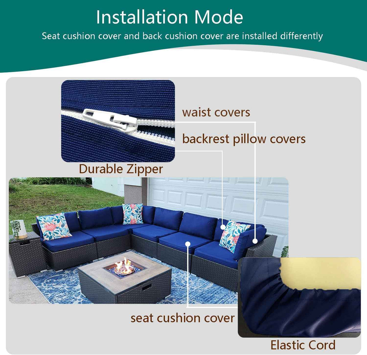 Outdoor Cushion Covers Replacement 14 Pcs, Blue | Patio Cushion Covers fit for 7Pieces 6-Seater Wicker Rattan Sectional Couch Sofa Outdoor Cushion Slipcovers Set