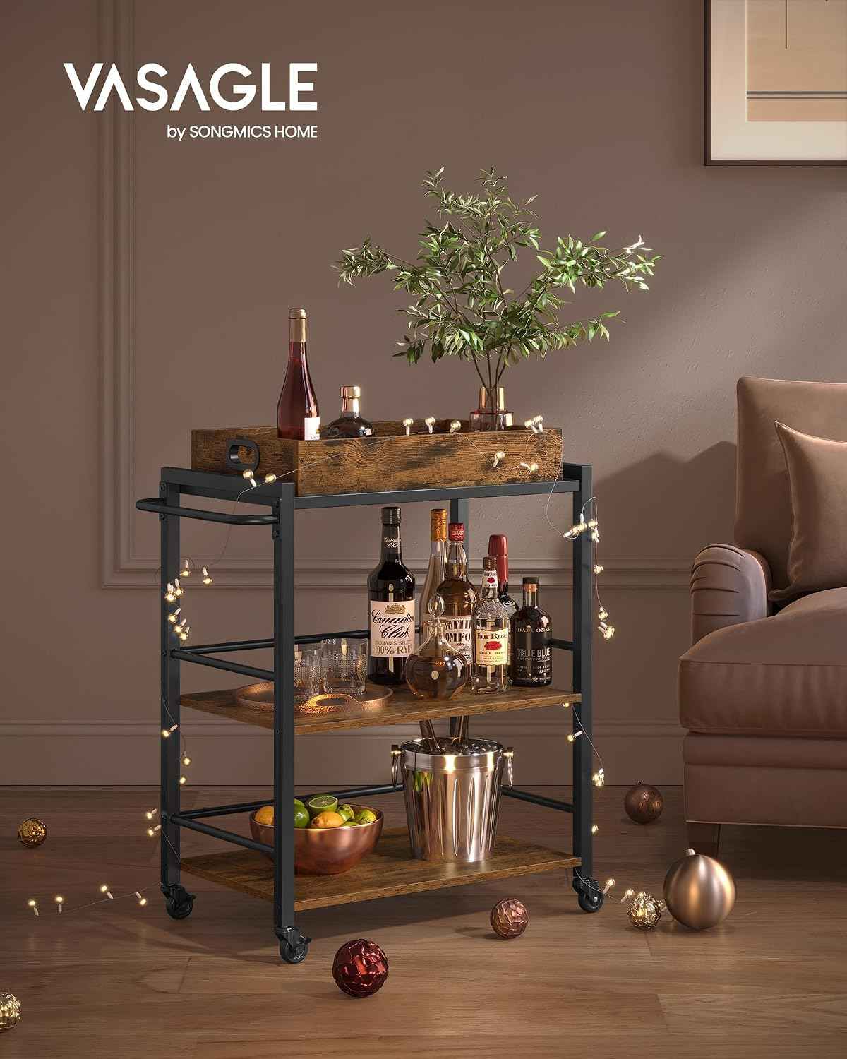 VASAGLE Kitchen Serving Cart with Removable Tray, 3-Tier Kitchen Utility Cart on Wheels with Storage, with Brakes, Leveling Feet, 15.7 x 28.3 x 33.9 Inches, Rustic Brown and Black ULRC72X