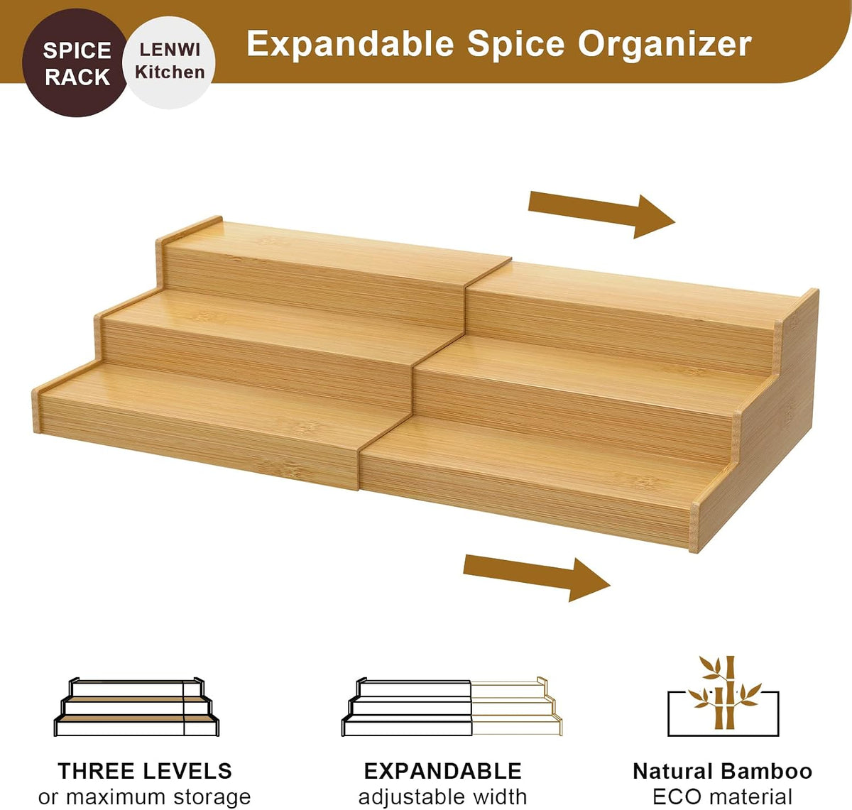 Lenwi Spice Rack Organizer for Cabinet, 3 Tier Expandable Bamboo Spice Storage for Kitchen Cupboard Pantry - Field & Nook