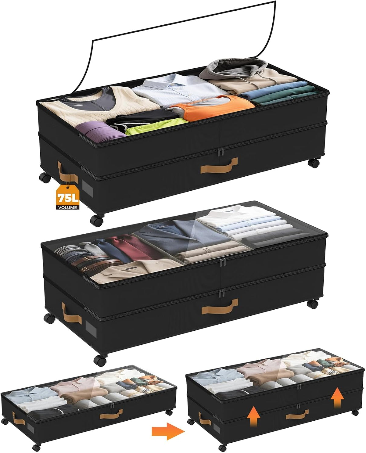 75L 2 Pack Adjustable Under Bed Storage with Wheels | Underbed containers with clear lids, rolling under bed shoe storage organizer for dorm home clothes, blankets, shoes, black - Field & Nook