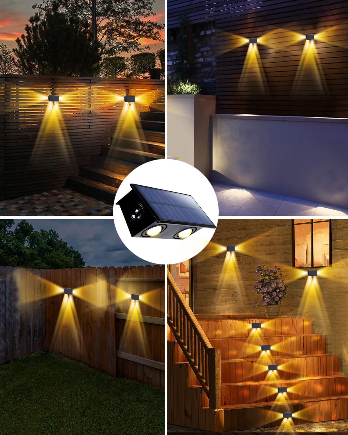 4Pack 3-Side Solar Fence Lights Outdoor Waterproof with Warm White LED Spot Lens, for Wall, Deck, Patio, Yard, Rail, Garage, Pool, Designed for Enhanced Security, Easy Install