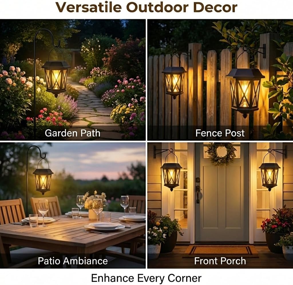 Solar Hanging Wall Lanterns – 2 Pack, LED, Glass Shade, Black