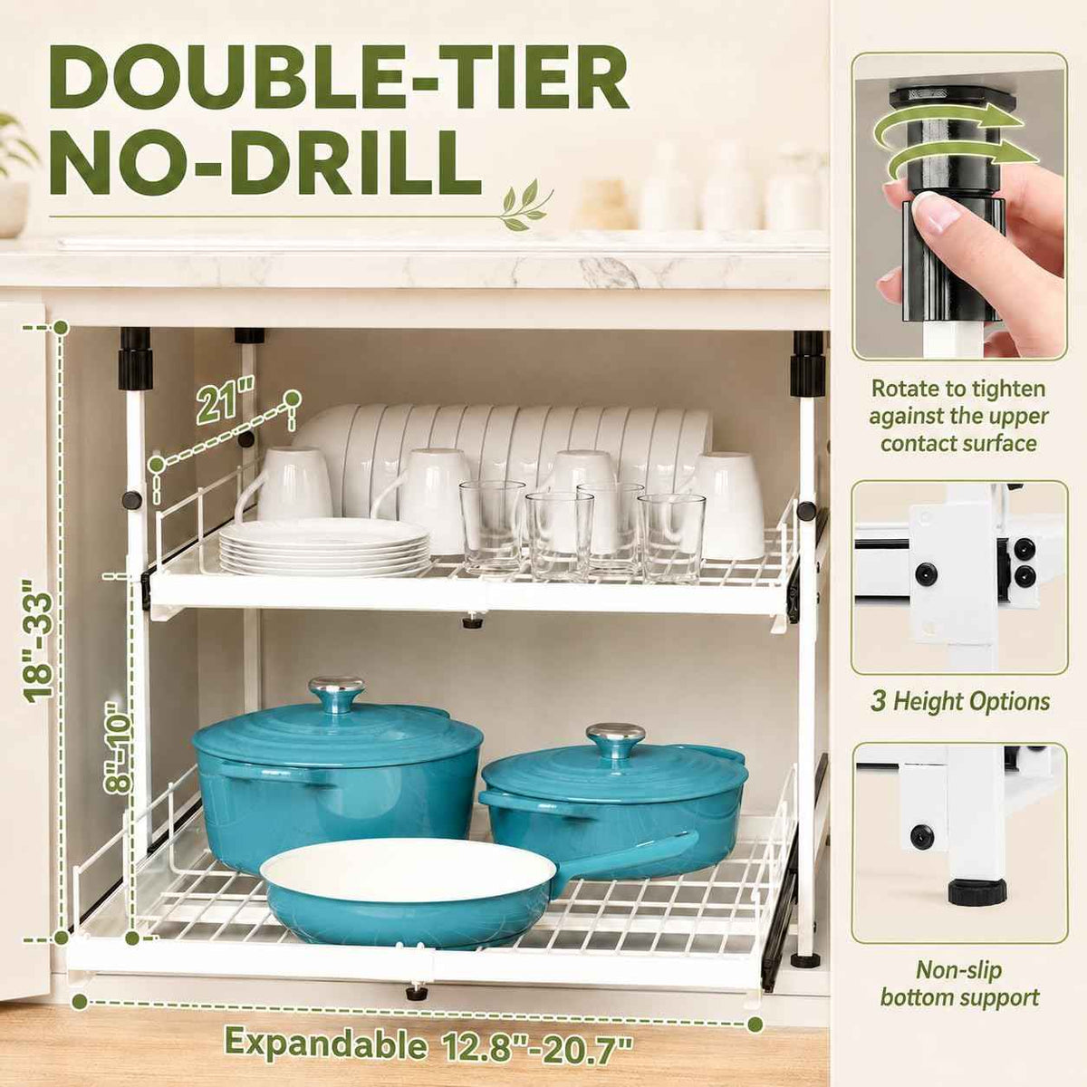 Expandable 2-Tier Pull-Out Cabinet Organizer, 13"-21" W, White