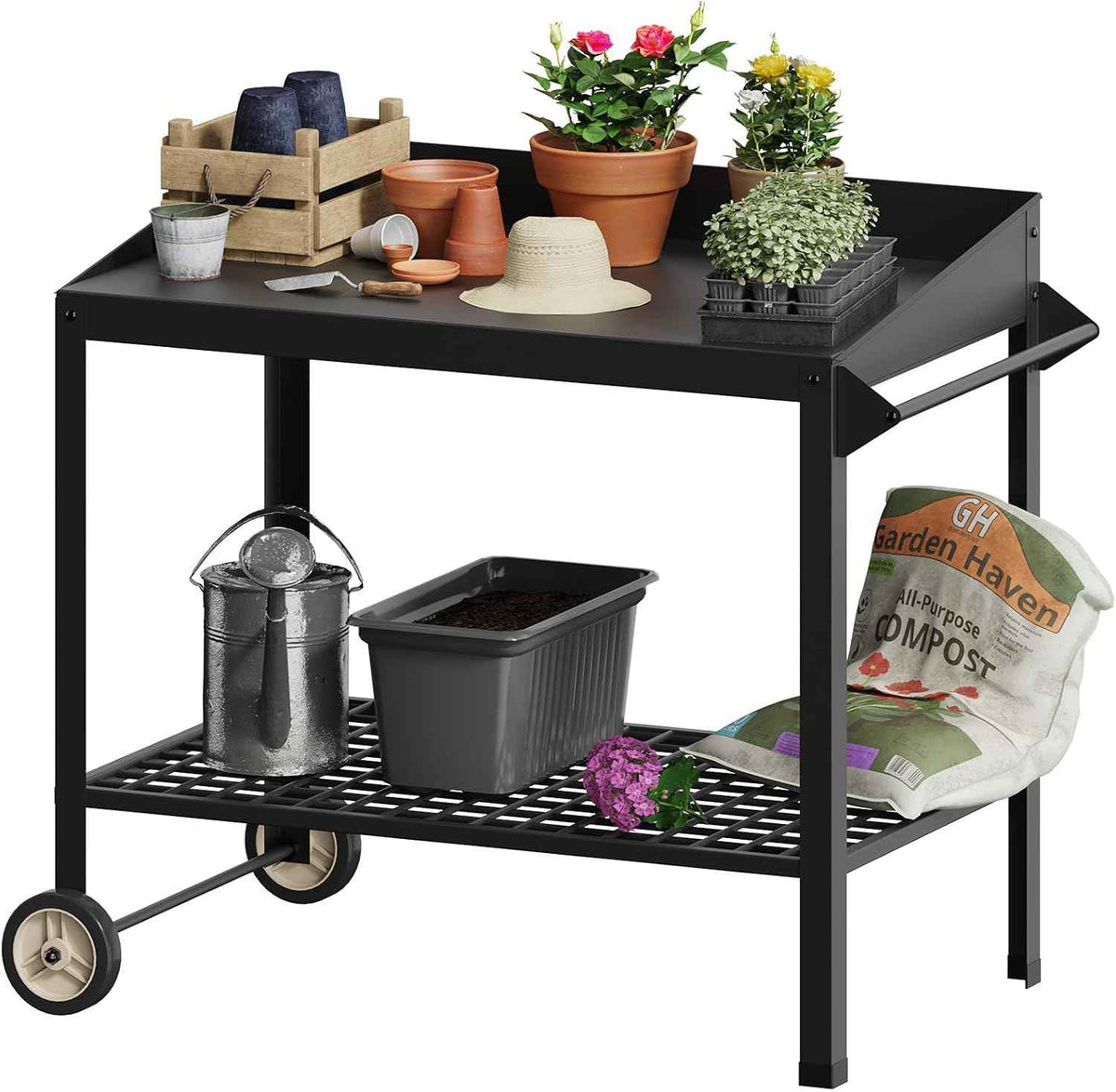 Metal Potting Bench with Wheels Planting Table for Outdoor Gardening Work Benches for Outside Potters Station Weatherproof