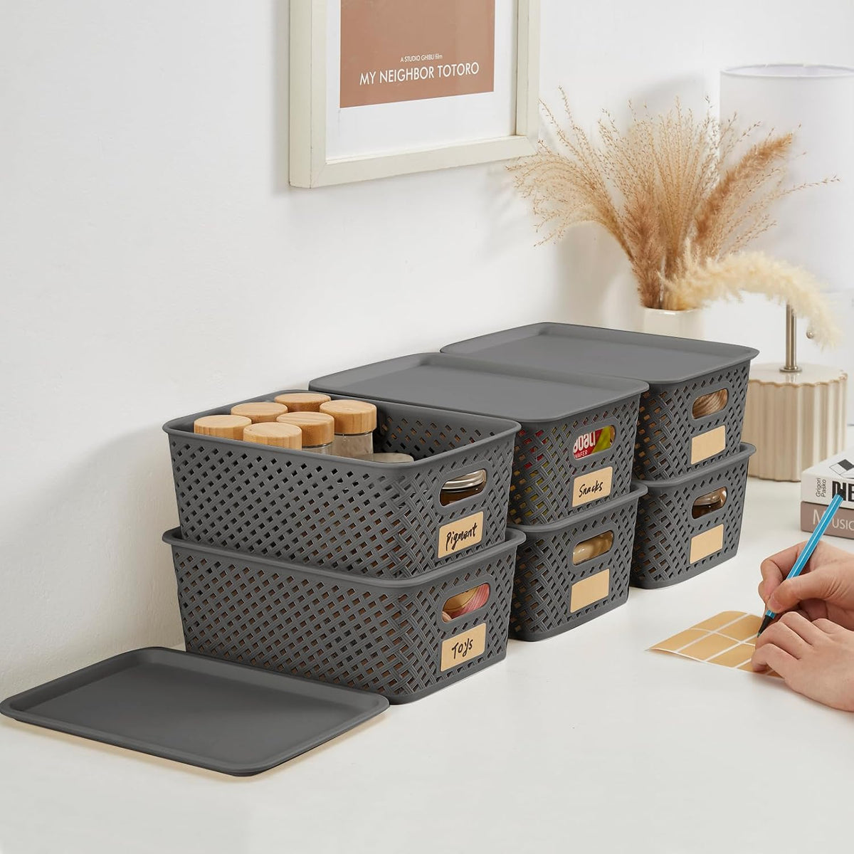 Small Plastic Twill Woven Storage Baskets with Lids, Stackable Organizing Containers with Labels for Pantry Closet Office, 6-Pack,10.35"x7.3"x4.09", Gray - Field & Nook