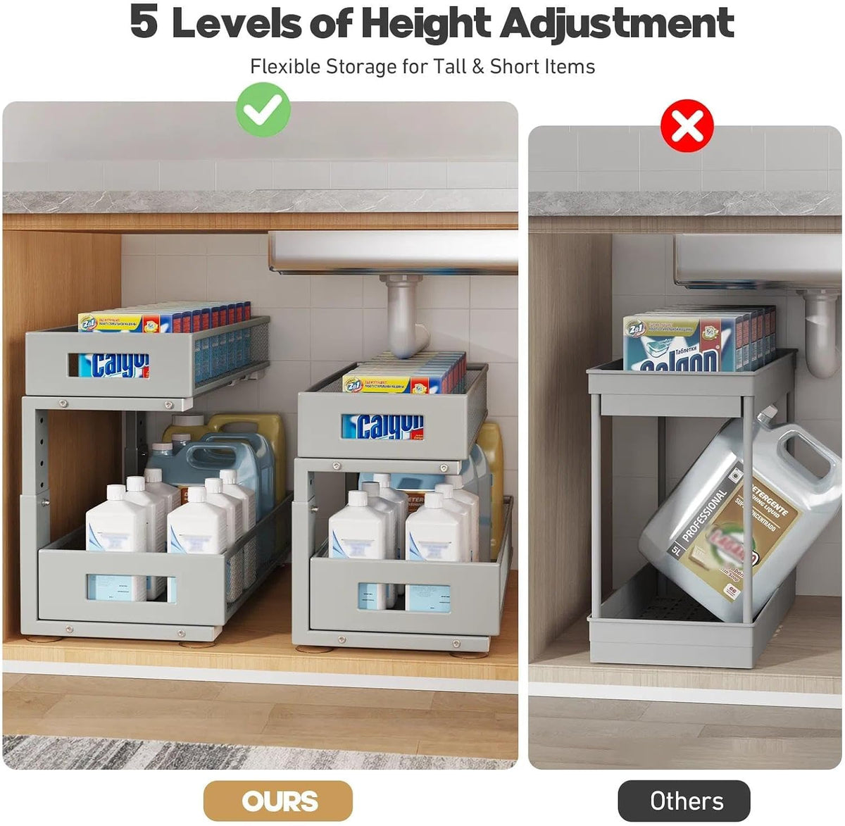 2 Packs 21IN Depth Under Sink Organizer, 2-Tier Pull Out Cabinet Organizer With Smooth Circular Rail, Large Capacity Metal Mesh Sliding Drawers For Bathroom& Kitchen Storage,Height Adjustable-Gun Gray - Field & Nook