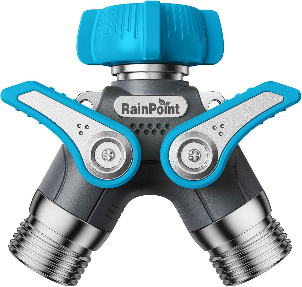 RAINPOINT Garden Hose Splitter, 2 Way Heavy Duty Water Hose Y Spigot Splitter with Shutoff Valves, 100% Metal Body Outdoor Faucet Splitter, 1.9" Extra Long Metal Handle, 3/4" GHT Thread (1, Blue)