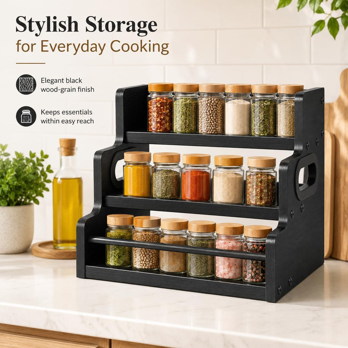 3-Tier Spice Rack Organizer for Cabinet – Wood Spice Shelf Storage – Black - Field & Nook