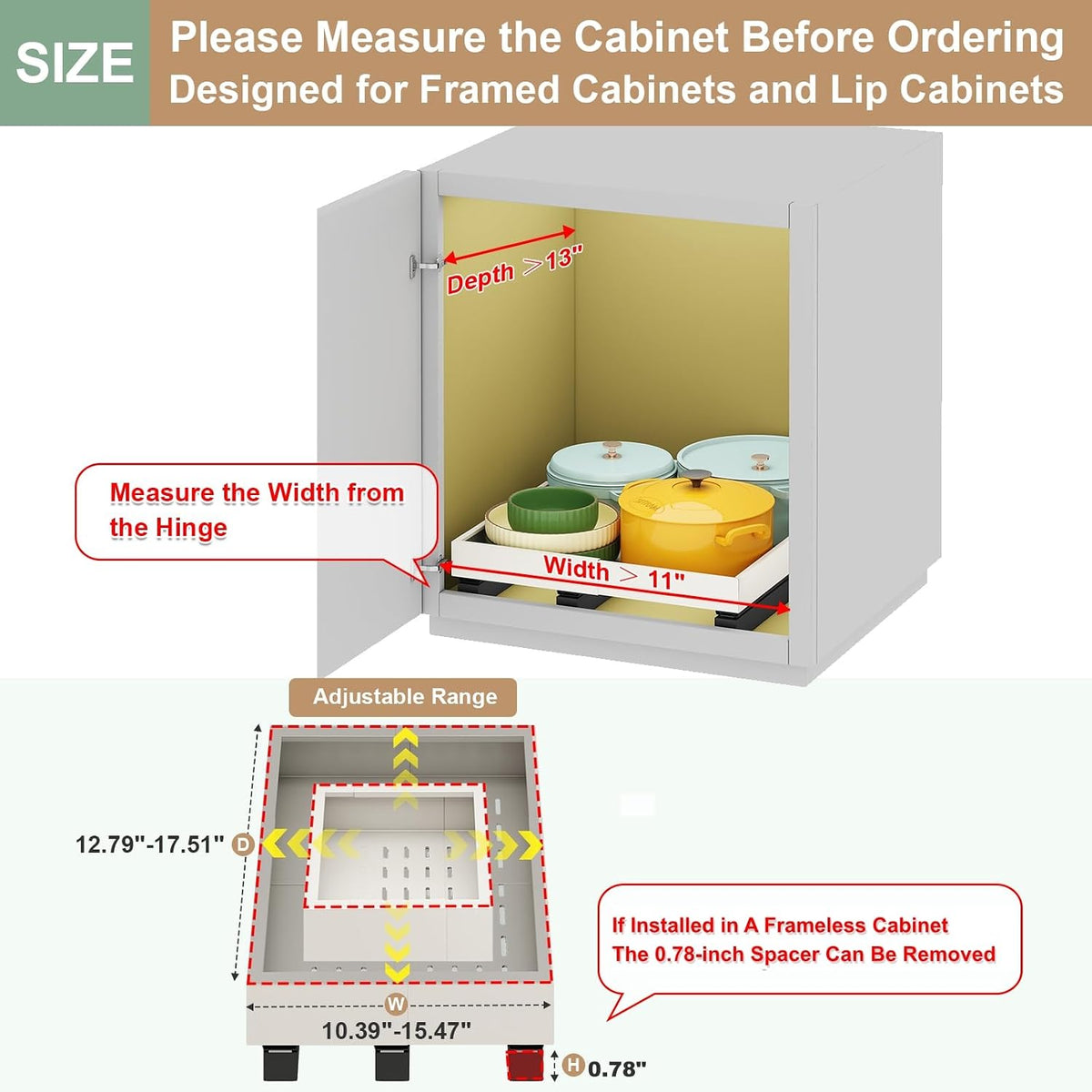 Fokyfok Pull out Cabinet Organizer,11"-16"W,13"-17"D,Expandable,Adhesive | No Drill,3 Rails,Roll out Drawers,Adjustable Slide out Shelves for Kitchen,Pantry,Framed and Framless Cabinets,White,1PC - Field & Nook