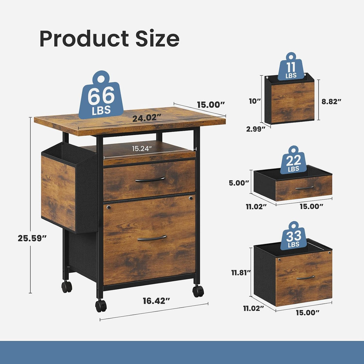 DUMOS 2 Drawer Mobile File Cabinet, Printer Stand with 24'' Wide Desktop | Fabric Drawer Cabinet Under Desk with Storage Side Bag,Rolling Printer Cart Not for Hanging Files for Home Office, Brown - Field & Nook
