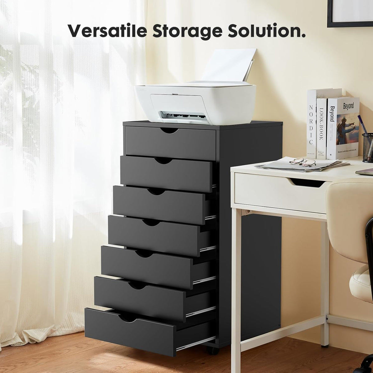 OLIXIS 7 Drawer File Cabinet on Wheels, Printer Stand | Fits Under Desks, Wood Storage Organization Holds Printer, Office Supplies, Not For Hanging Files, For Home Office Use Black - Field & Nook