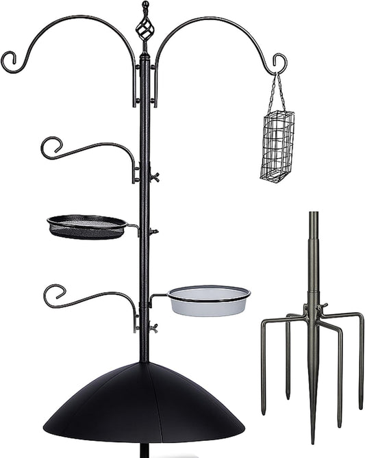 Backyard Expressions 90" Bird Feeding Station for Outdoors, Heavy Duty Bird Feeder Pole with Squirrel Baffle, Shepherd Hooks, Suet Cage, Water Bowl & Tray, Multi Hook Bird Feeder Stand for Yard Garden