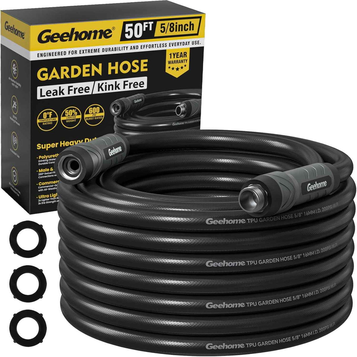 Heavy Duty Garden Hose, 50 ft x 5/8" Polyurethane Water Hose with Swivel Fittings, Flexible, Lightweight, No-Kink, Leakproof, Burst 600 PSI, Black