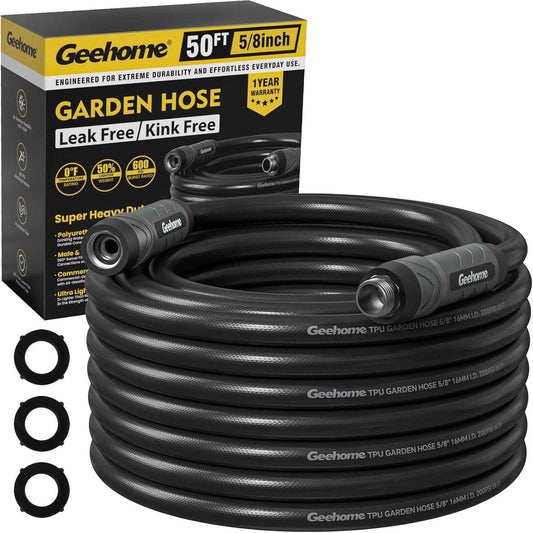 Heavy Duty Garden Hose, 50 ft x 5/8" Polyurethane Water Hose with Swivel Fittings, Flexible, Lightweight, No-Kink, Leakproof, Burst 600 PSI, Black