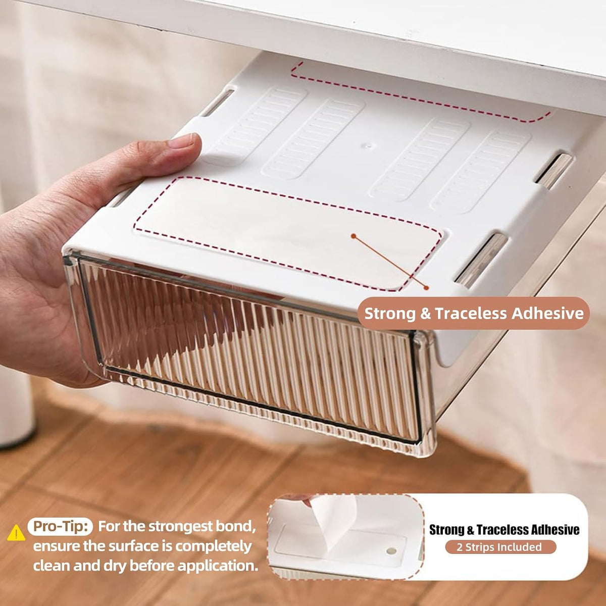 2Pcs Under Desk Storage Drawers Slide Out,Large&Medium,Stick On Drawers,Under Desk Organizer Hidden Under Table Drawer for Home Office School Organization and Storage-Clear White - Field & Nook