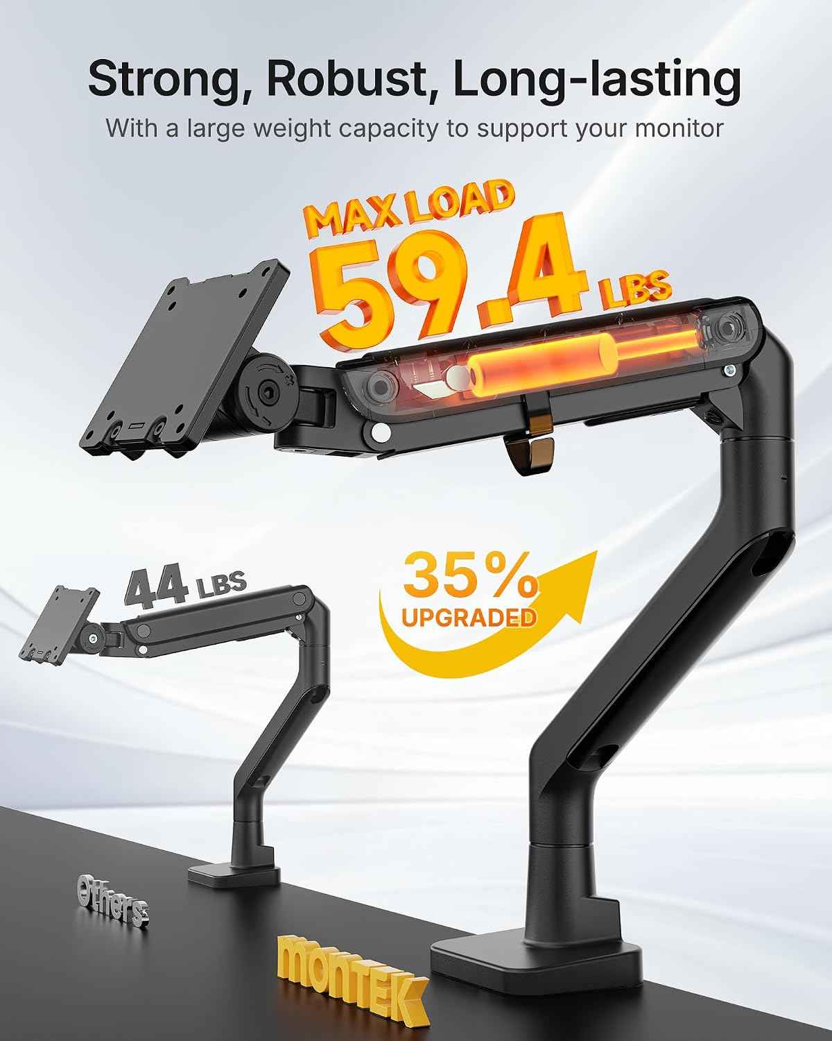 monTEK Heavy Duty Monitor Arm, 17-57" Ultrawide, Gas Spring, 59.4 lbs，Black | Desk Monitor Mount Holds 49" 57" Ultrawide Curved Screen Up to 59.4 lbs with No Sag,Clamp & Grommet Arm,75/100 VESA