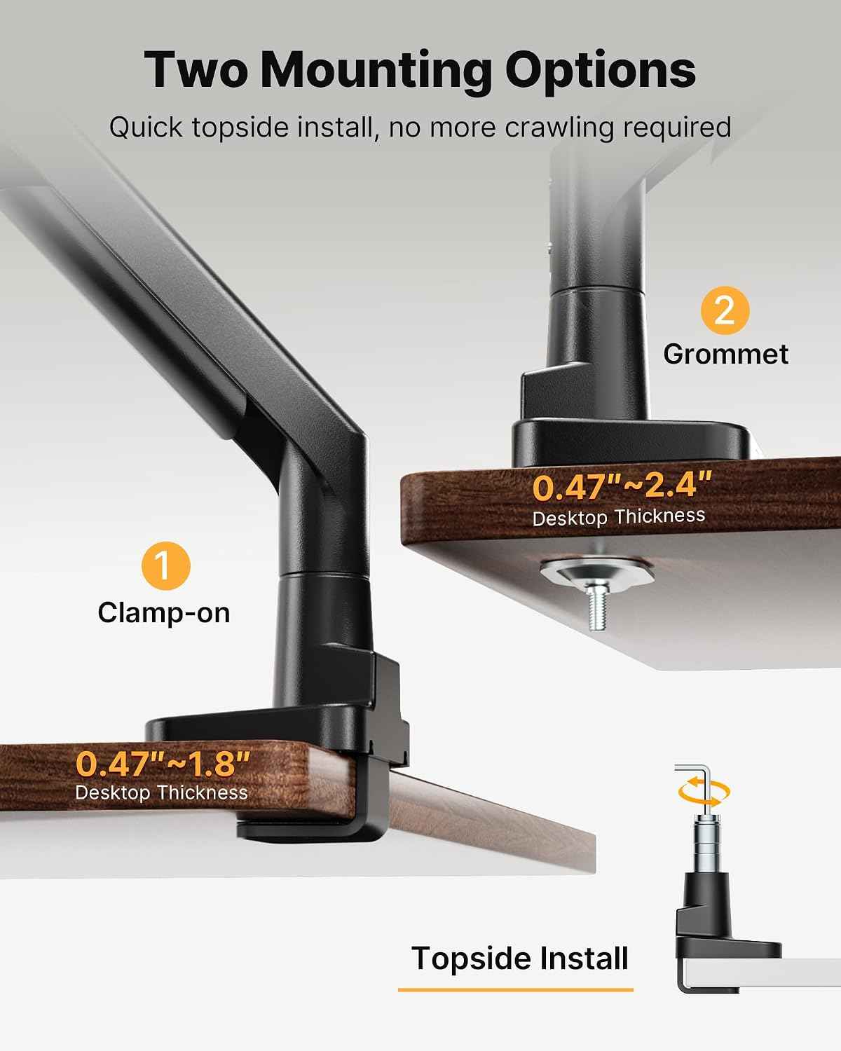 monTEK USB Monitor Arm for 17-57" Ultrawide, 59.4 lbs, Black | USB-A/C ports, pneumatic lift, quick-release VESA 75/100 plate, clamp/grommet bases and cable management