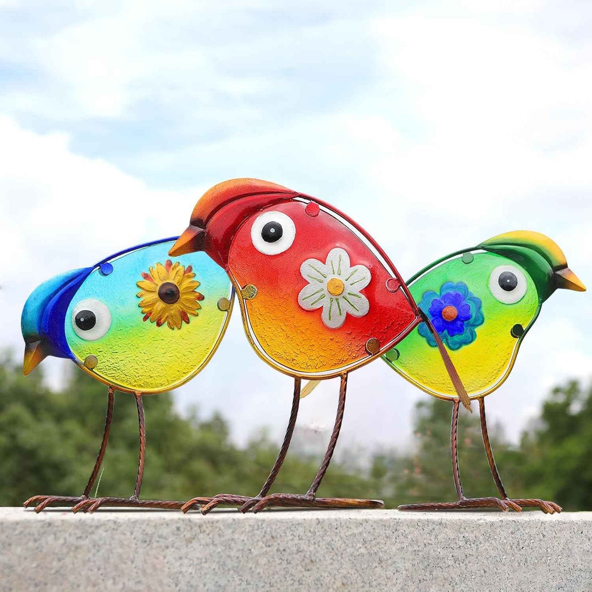 Bird Garden Decor for Outside, Glass & Metal Yard Art Decorations Outdoor Decor for Patio Backyard, Gift for Women Grandma Mom（3 Pack）