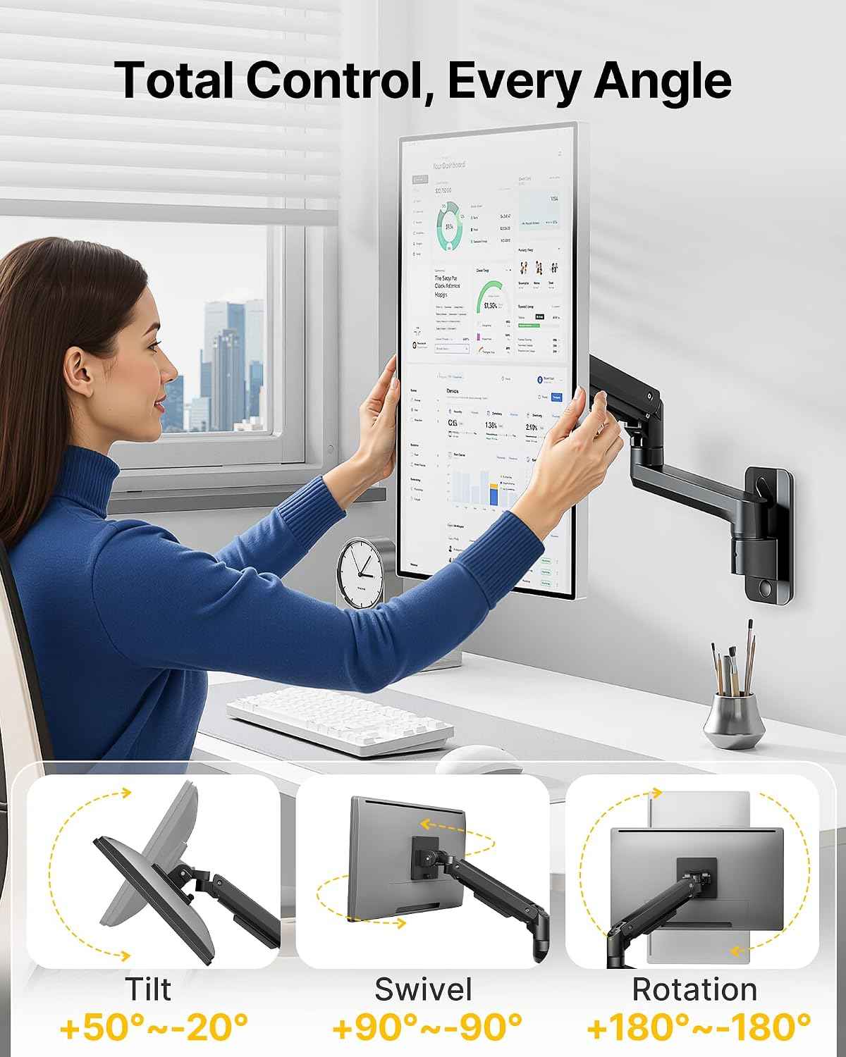 monTEK Single Monitor Wall Mount, 17–49" Gas Spring Arm, Up to 44 lbs，Black | Fits 49" Max Ultrawide & Curved Monitors,Rock-Solid Gas Spring Wall Mount, Full Motion Adjustment, 75/100mm VESA Compatible