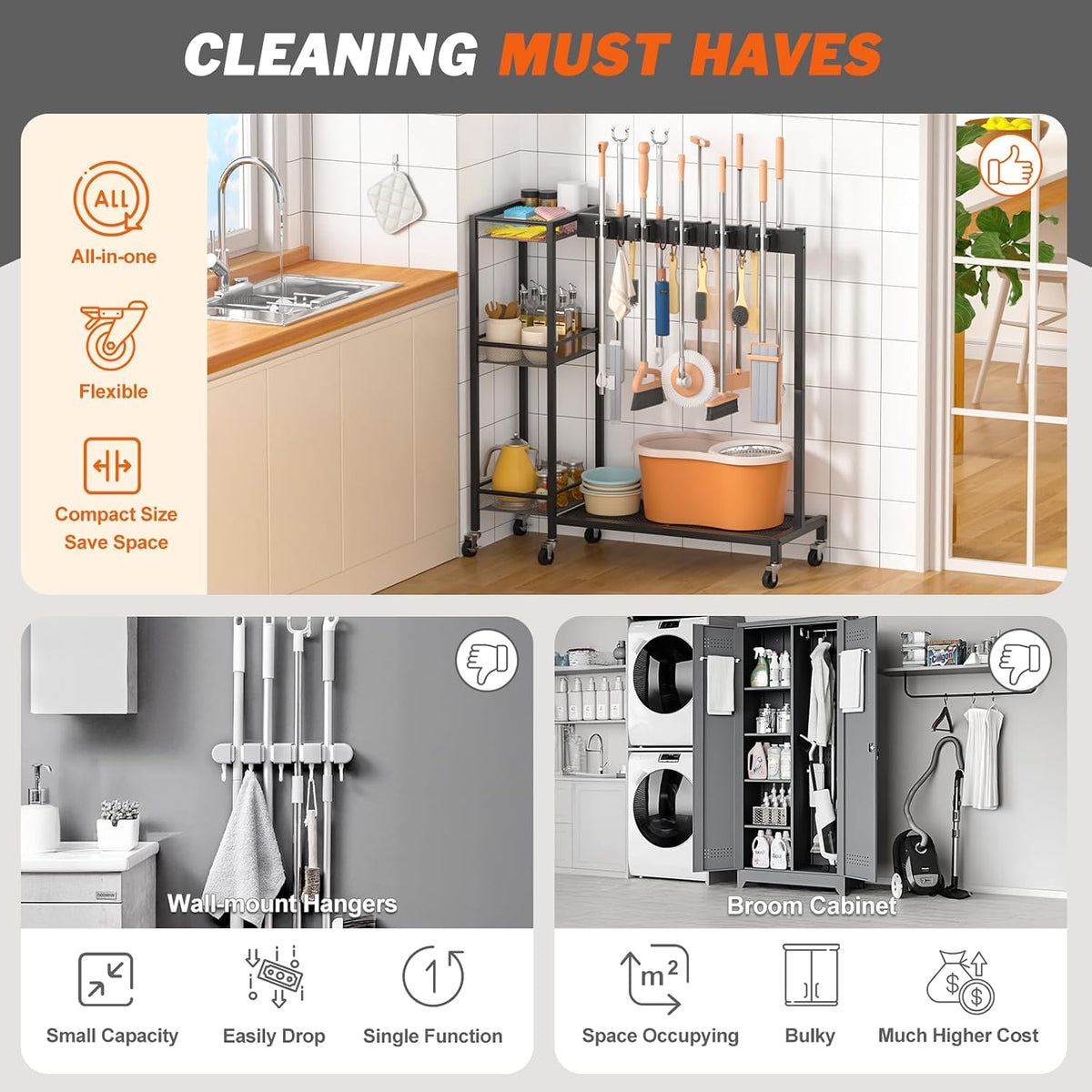 Broom Holder with Cleaning Supplies Organizer – Janitorial Housekeeping cart - Field & Nook