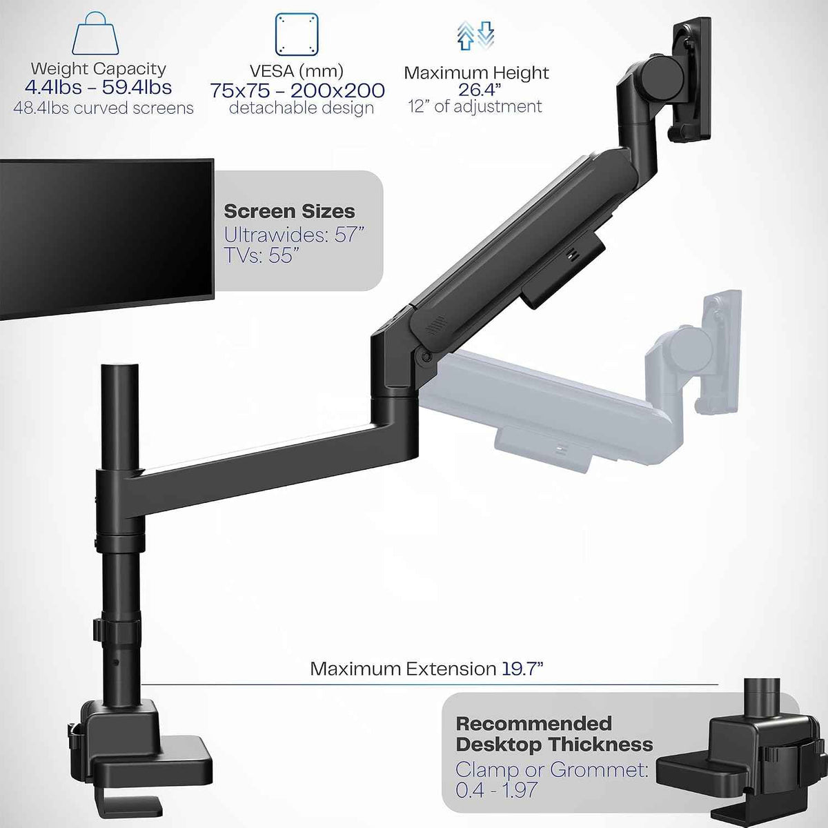 VIVO Heavy Duty Ultrawide Monitor Arm with Pole, 57 inch Screens up to 59.4 lbs, Desk Mount TV and Monitor Stand Designed for Samsung Odyssey Ark, Neo G9, ViewFinity S9, and More, Black, STAND-GT57T