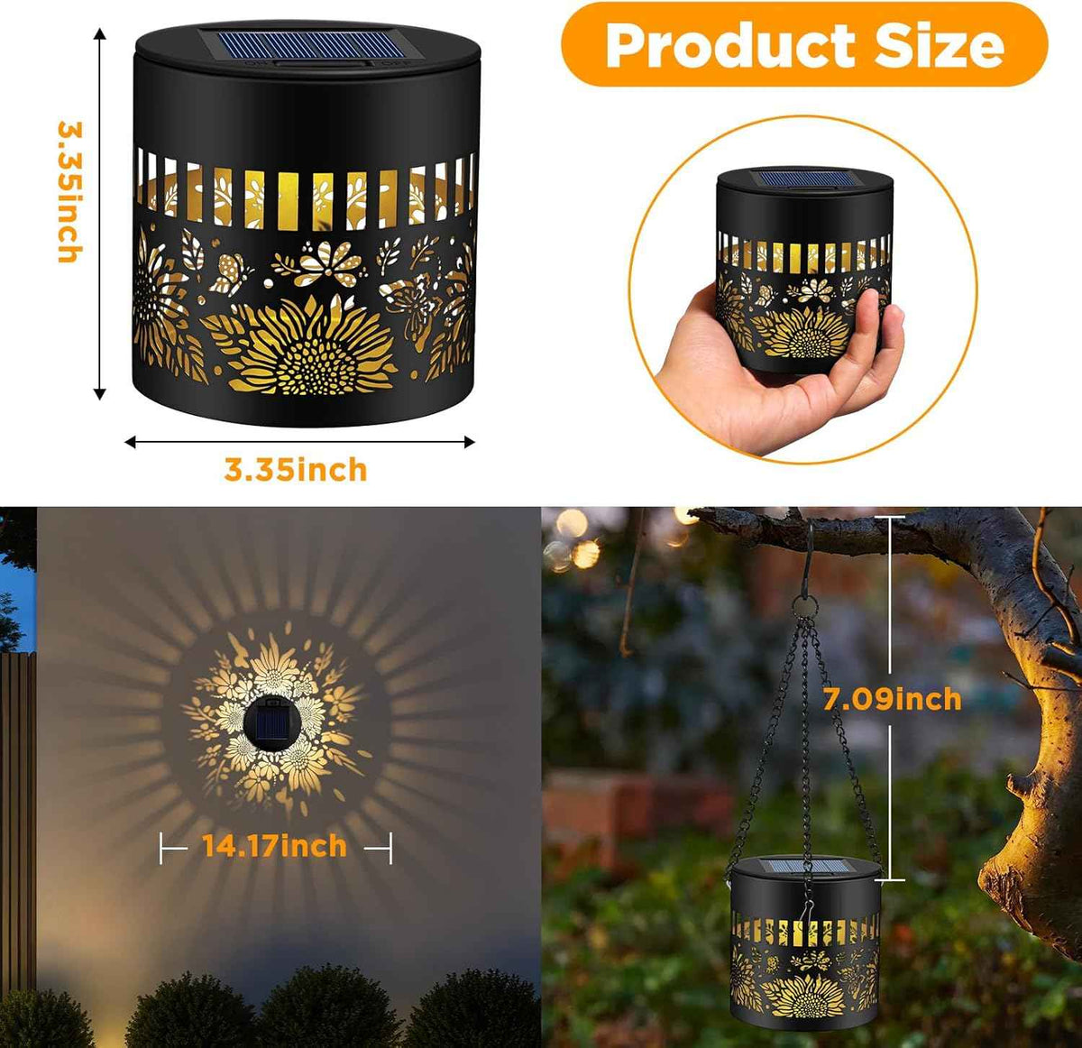 2 Pack Solar Fence Lights Outdoor, Metal Solar Powered Wall Deck Step Light | Sunflower Theme, Hanging LED Waterproof Decorative Lighting for Garden Patio Backyard Post Decor, Warm White