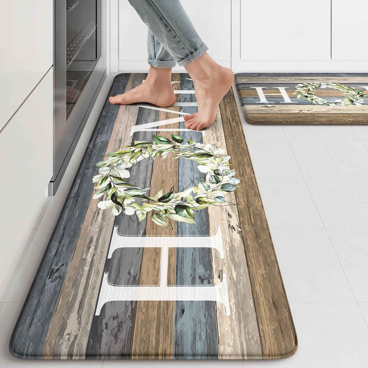 KIMODE Kitchen Mats 2PCS Cushioned Anti Fatigue Kitchen Mats for Floor | 17.3"x 47"+17.3"x 29",Farmhouse, Blue,Non Slip Waterproof Sink Rug Set 2 Comfort Standing Desk Mat for Office Laundry Home
