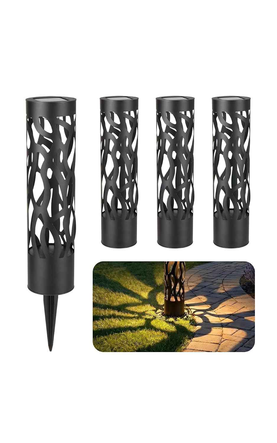 Home Zone Living Secure Solar Bollard Pathway Lights, 4-Pack, Black, 4"x16" | Light Effect, Dusk-to-Dawn, Metal, Warm LED, 4" x16", Outdoor, Garden, Yard, Patio, Walkway, Driveway, Backyard, Porch