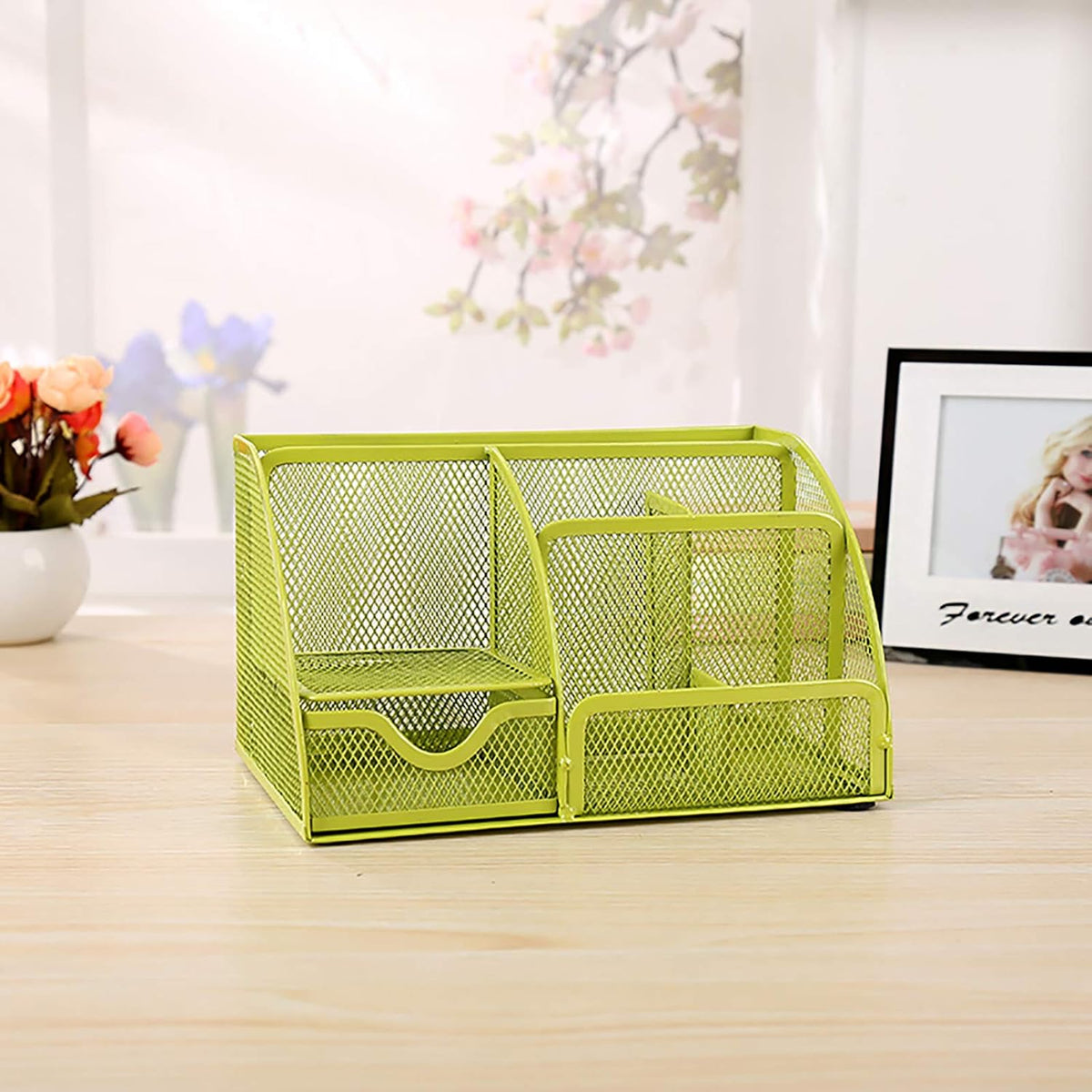 VANRA Office Supply Caddy Mesh Desk Organizer School Supply Holder 6 Compartments with Drawer (Green) - Field & Nook
