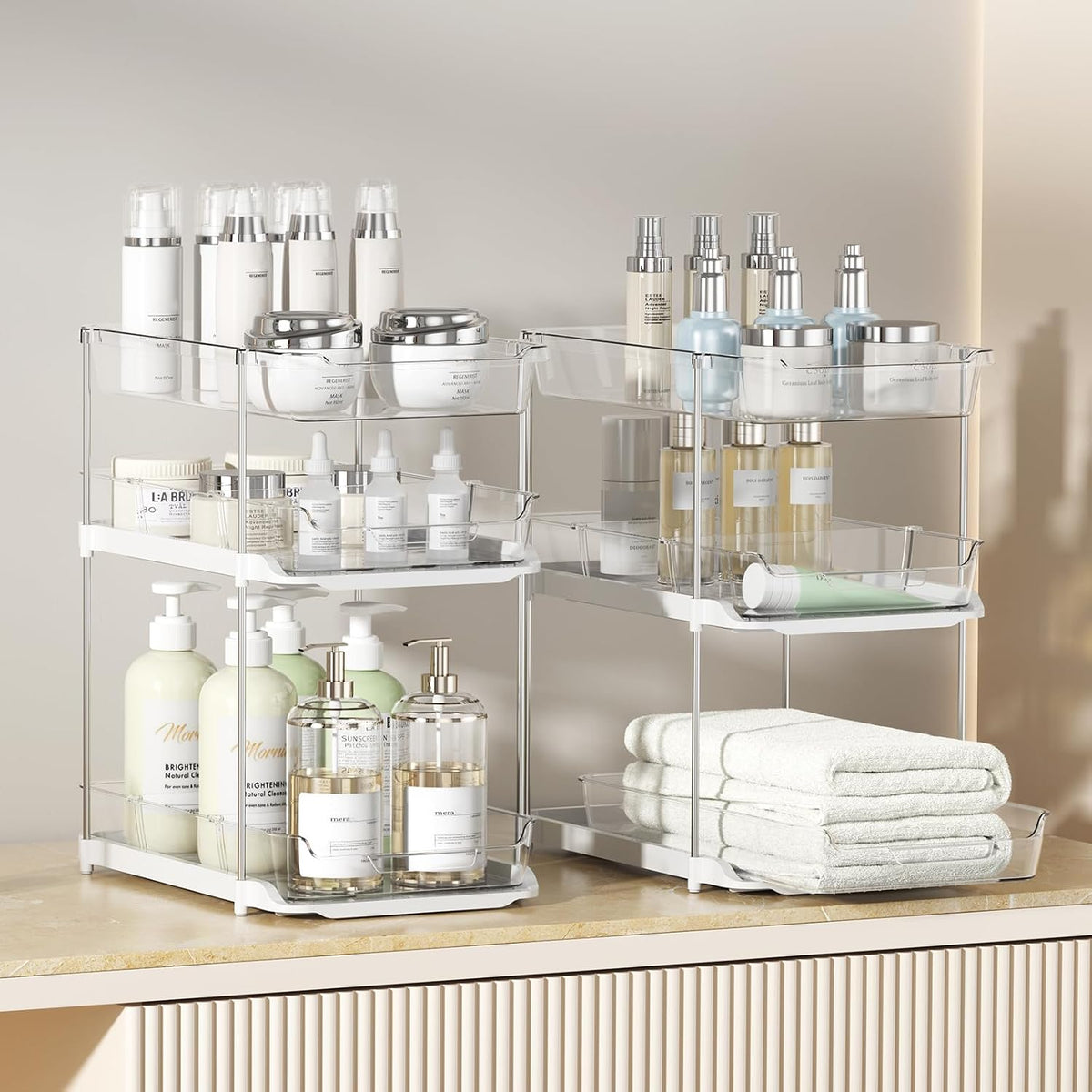 Delamu 2 Sets of 3-Tier Bathroom Under Sink Organizers and Storage, Multi-Purpose Stackable Pantry Organization and Storage, Pull Out Clear Kitchen Bathroom Cabinet Organizer with Movable Dividers | Storage - Field & Nook