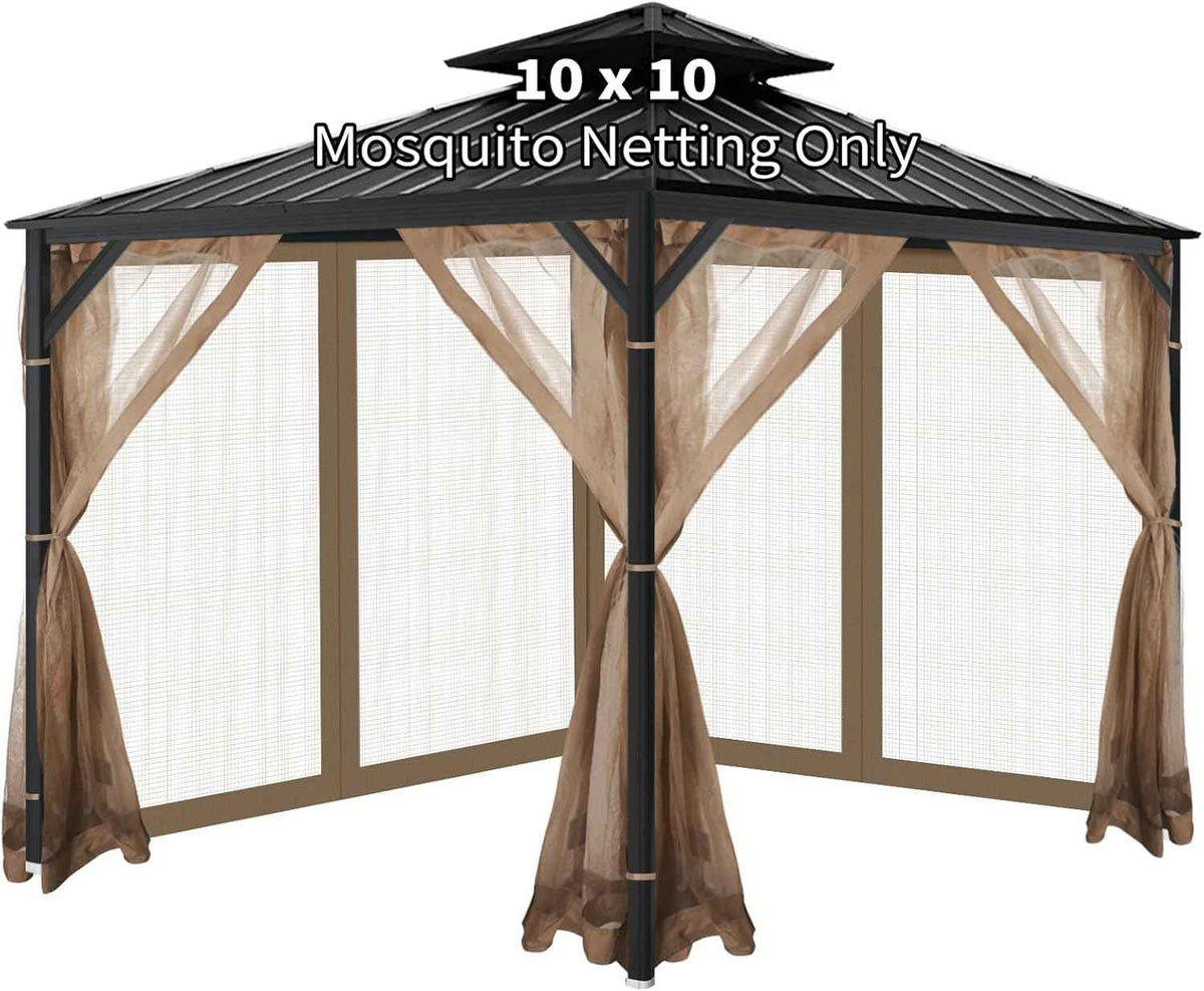 Gazebo Universal Replacement Mosquito Netting, 10'x10' Gazebo Netting Outdoor, 4-Panel Screen Walls for Outdoor Patio with Zipper (Mosquito Net Only) (Brown)