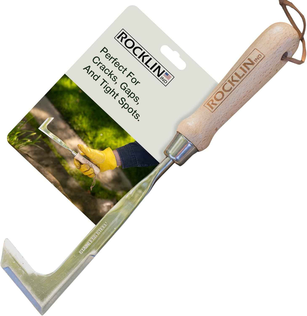 Rocklin™ Crack Weeder – 13" Stainless Steel Manual Crevice Weeding Tool with Beech Wood Handle – L-Shaped Blade for Sidewalk, Patio, and Garden Weed Removal