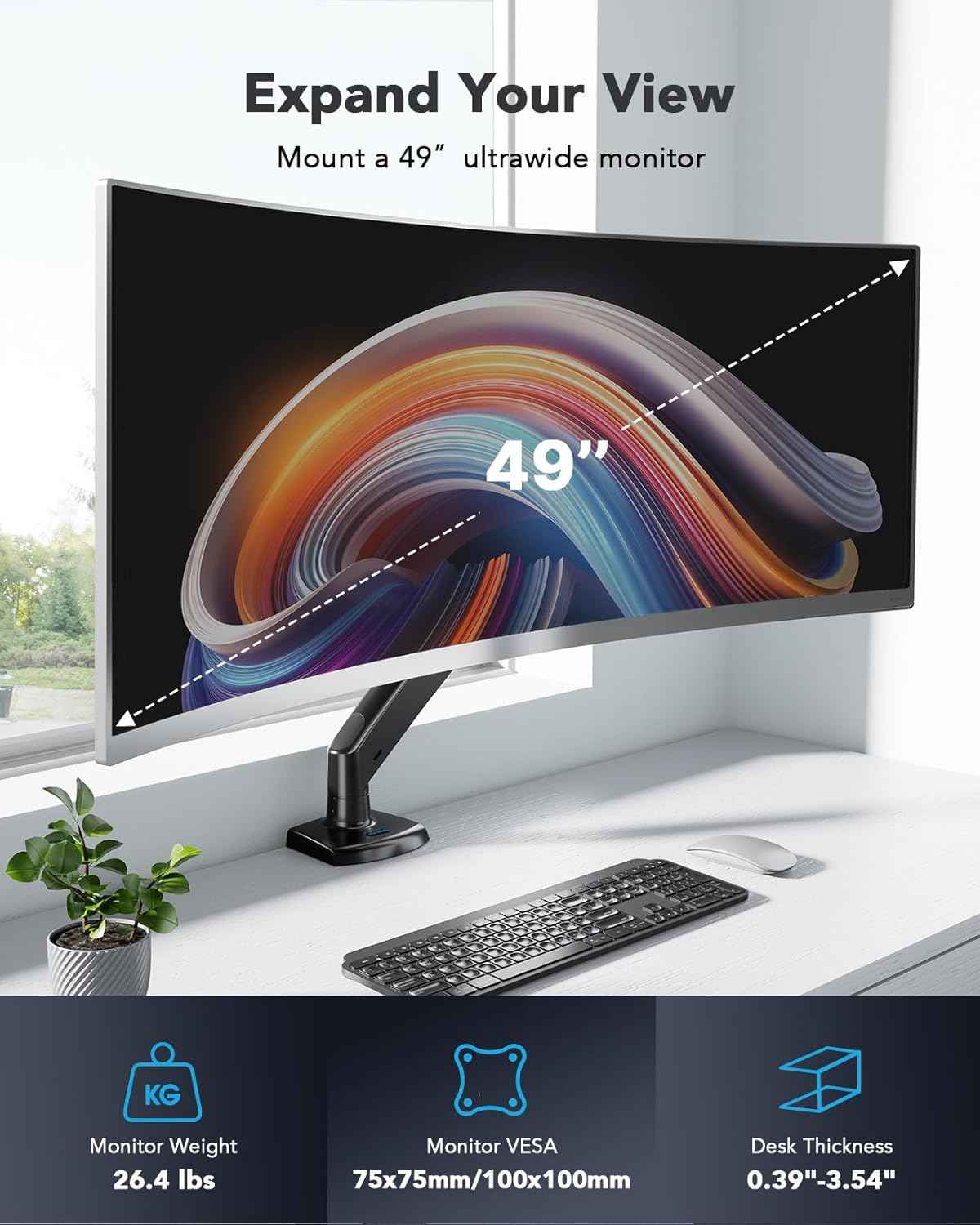HUANUO Single Monitor Arm for 13-49 inch Screens, Ultrawide Computer Monitor Mount Holds 26.48 lbs, Upgraded Adjustable Stand with USB, C-Clamp & Grommet Base, VESA 75x75 or 100x100mm