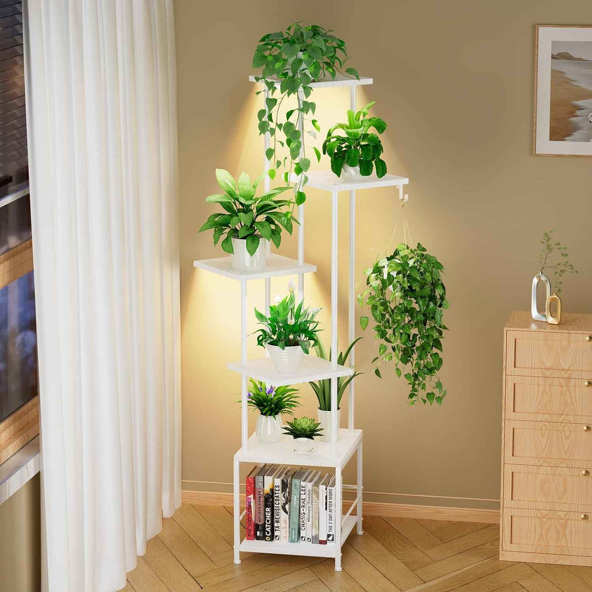 Homsorout Plant Stand Indoor with Grow Light, 6-Tiered Tall Plant Stand Indoor, Metal Plant Shelf with Hanging Basket Hook and Adjustable Light, Ideal for Living Room, Garden, Patio（white）