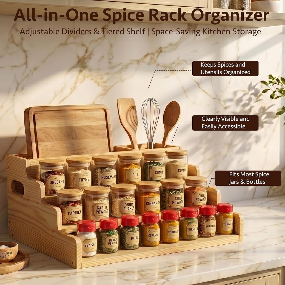 3 Tiered Wooden Spice Rack with Extra Utensil Holder and Adjustable Dividers, Spice Shelf for Spice Jars, Seasonings and Cooking Tools, Farmhouse Countertop Spice Organizer for Kitchen - Field & Nook