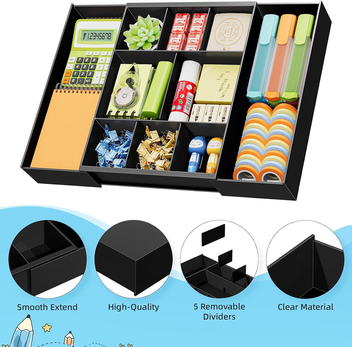 Marbrasse Expandable Desk Drawer Organizer, Clear Plastic Drawer Organizer Tray with 10 Adjustable Compartments, Desk Organizers and Accessories, 5 Drawer Dividers for Office Supplies, Makeup(Black) - Field & Nook