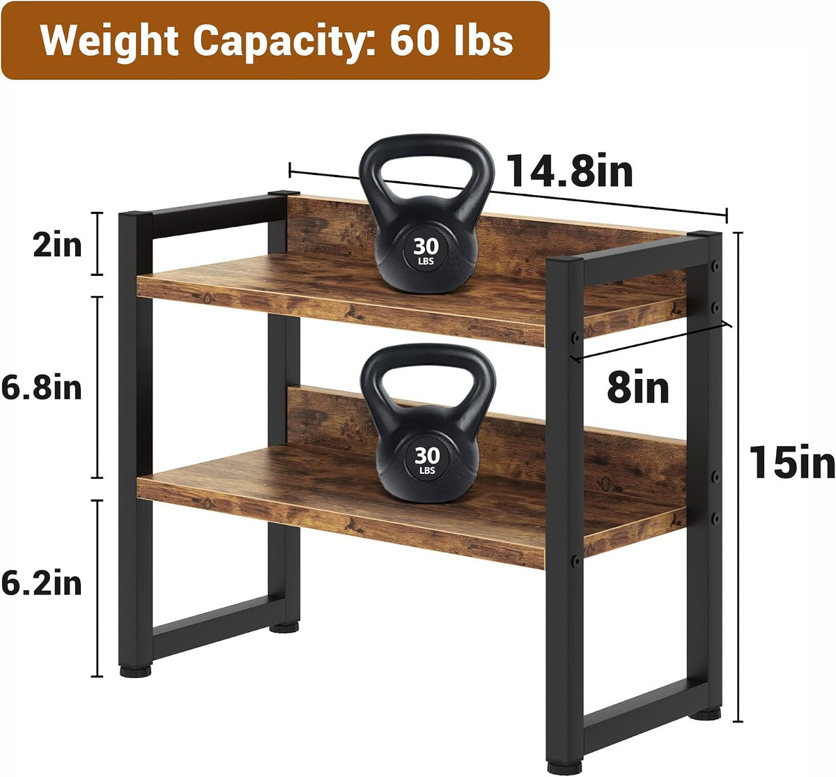 Kitchen Countertop Organizer Shelf, 3 Tier Spice Rack Wood Coffee Counter Shelf Kitchen Cabinet Organizer with Metal Leg for Countertop, Pantry, Bathroom Countertop Organizer, Rustic Brown - Field & Nook