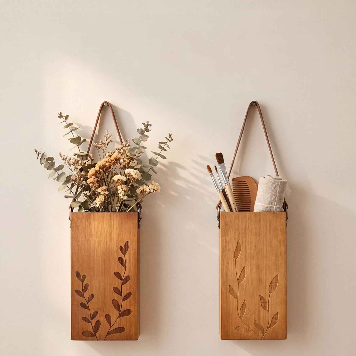 Set of 2 Bamboo Wall Planters Indoor Plants Brown Wood Wall Vase with Durable Leather Handle Boho Wall Decor Living Room Hanging Propagation Stations for Dried Flowers Paintbrushes