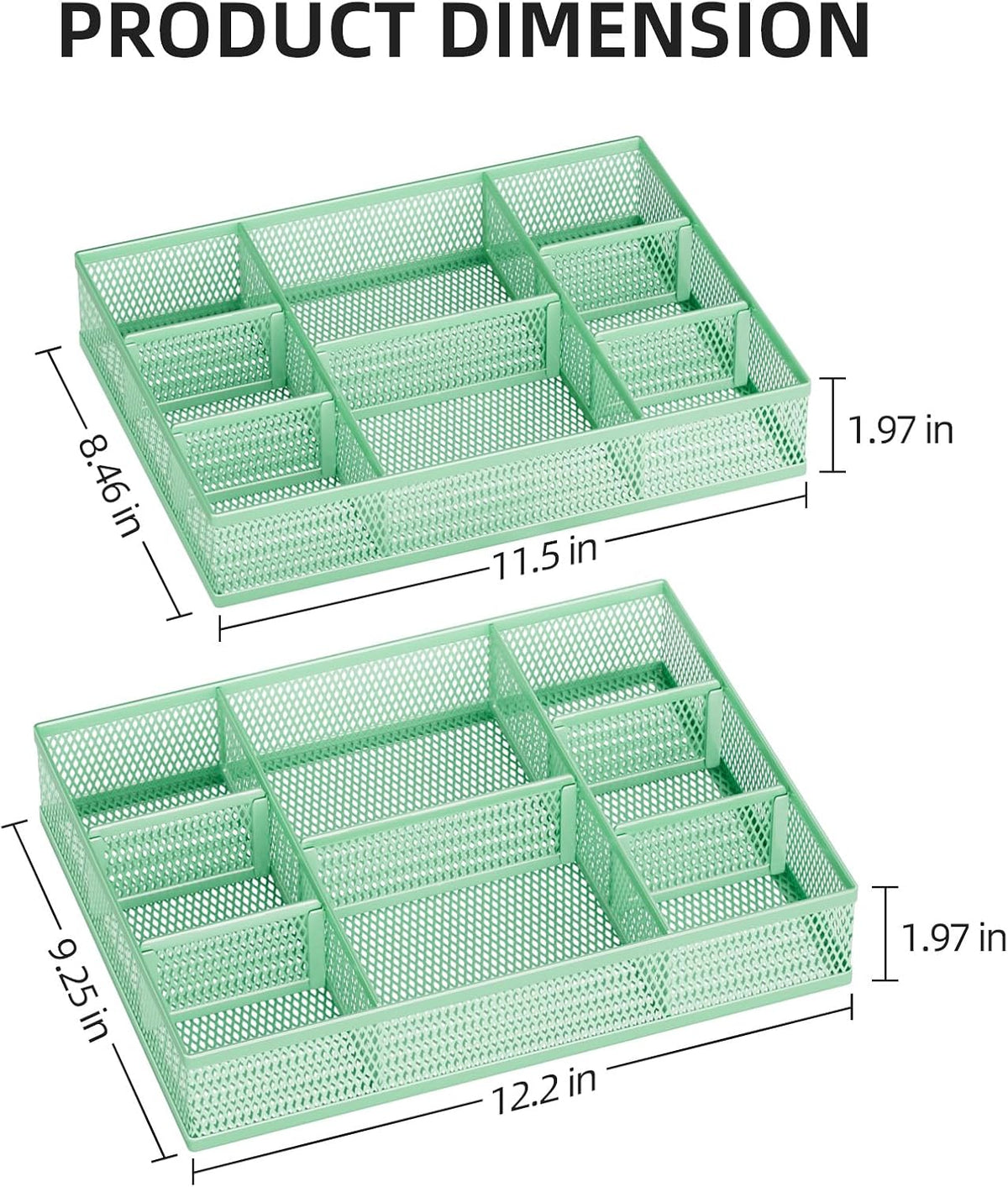 Marbrasse 2 Pack Desk Drawer Organizer, Mesh Drawer Organizer Tray with 8 Adjustable Compartments, Desk Organizers and Accessories, 5 Dividers Drawer for Office Supplies, Makeup & Vanity (Green) - Field & Nook