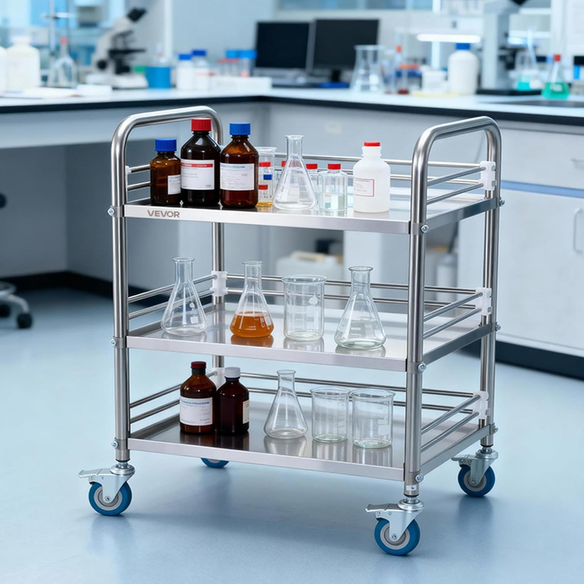 VEVOR Stainless Steel Rolling Cart, 3-Tier Metal Utility Cart with Lockable Wheels, Medical Serving Trolley Clinic Tray, Mobile Service Cart for Hospital, Lab, Restaurant, Kitchen, Salon - Field & Nook